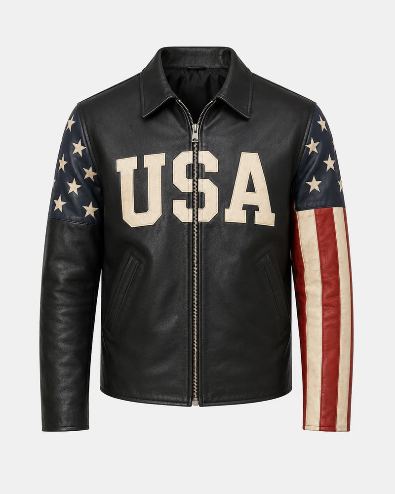 Printed American Flag Leather Motorcycle Jacket