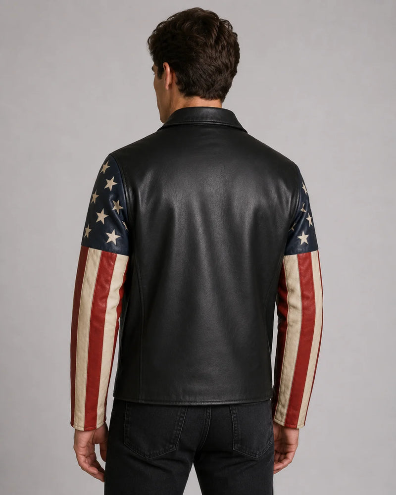 Printed American Flag Leather Motorcycle Jacket