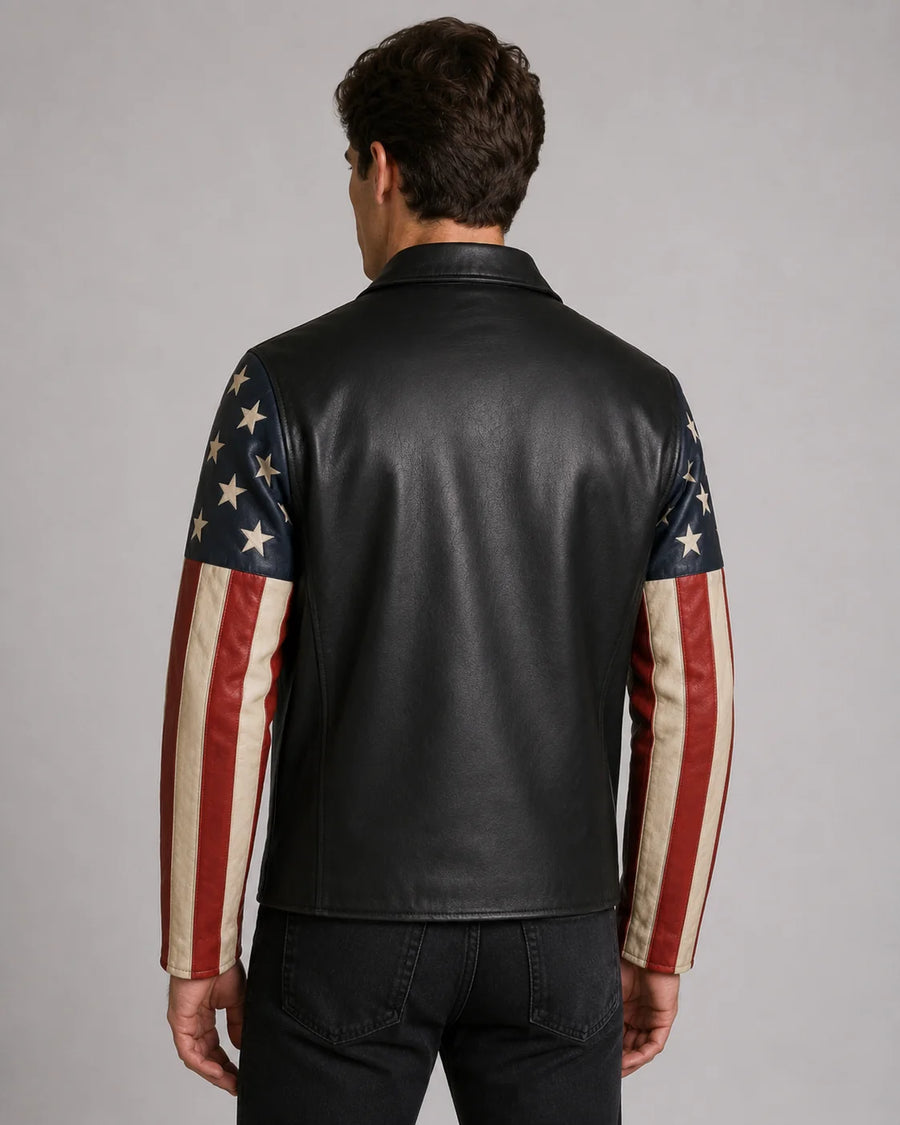 Printed American Flag Leather Motorcycle Jacket