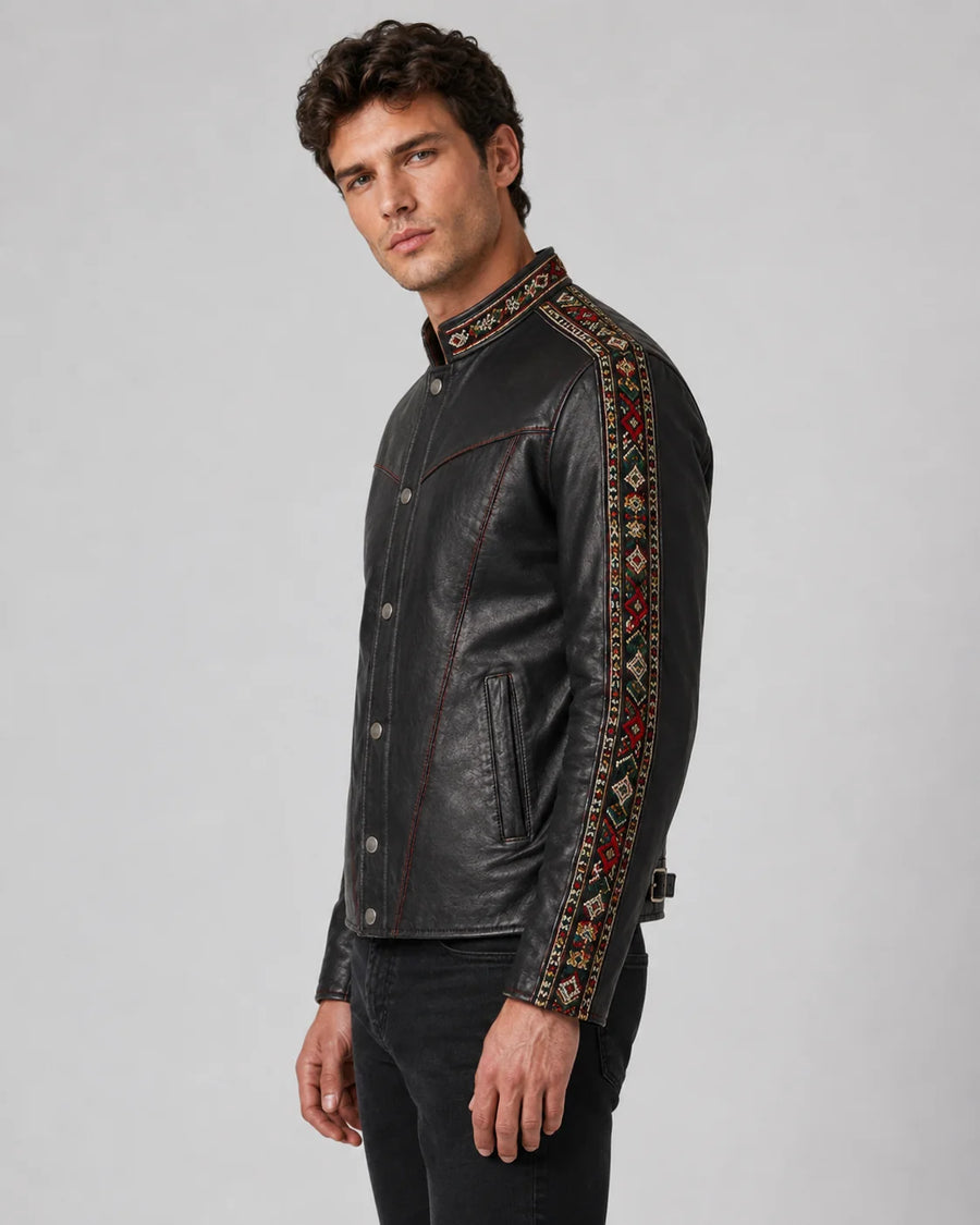 Printed Multicolor Embroidered Leather Jacket