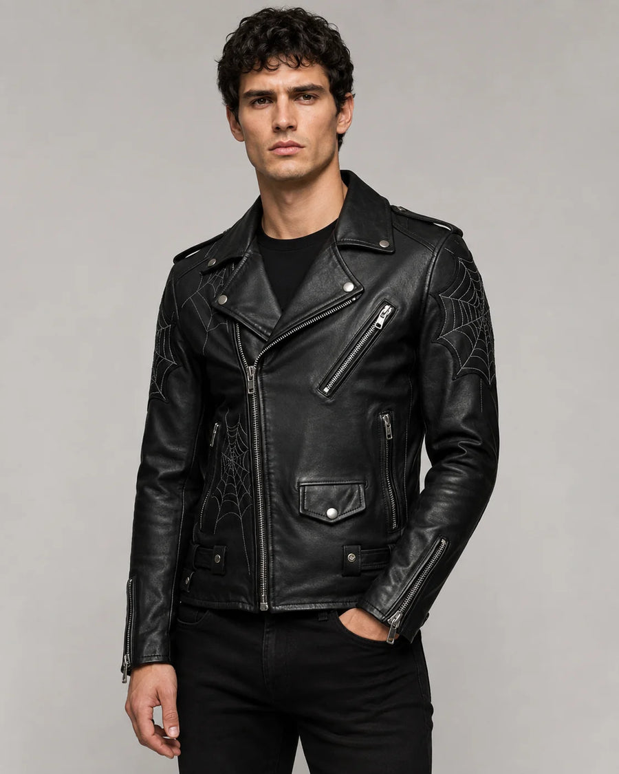 Printed Black Leather Spiderweb Biker Jacket