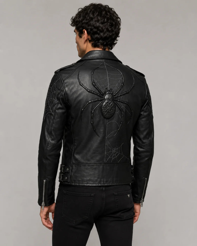 Printed Black Leather Spiderweb Biker Jacket