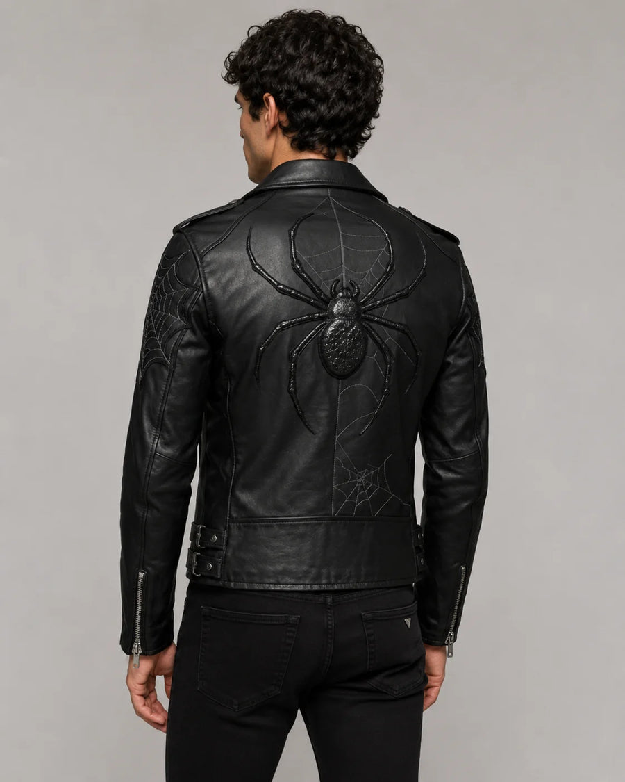Printed Black Leather Spiderweb Biker Jacket