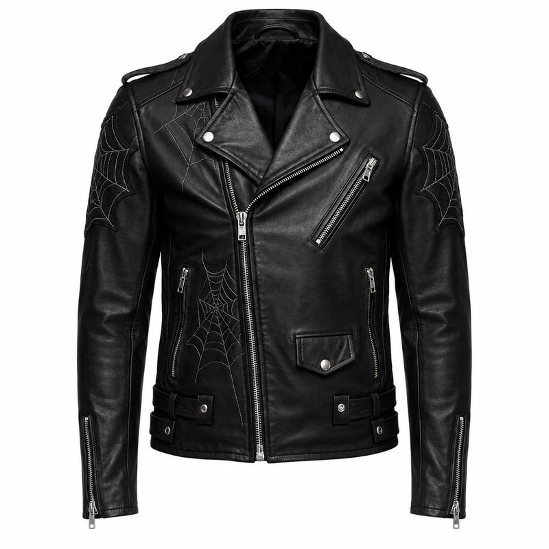 Printed Black Leather Spiderweb Biker Jacket