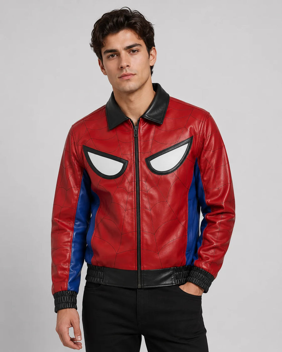 Printed Spider-Man Red & Blue Leather Jacket