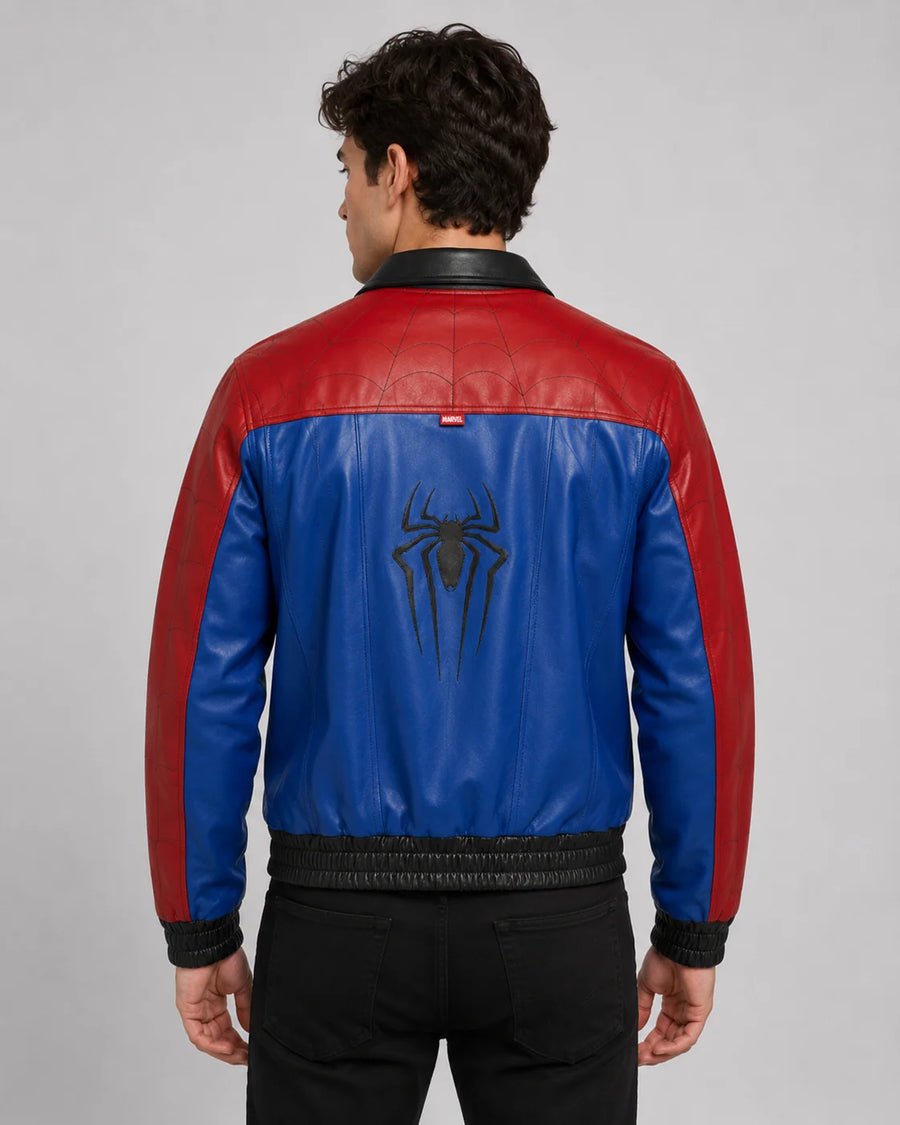 Printed Spider-Man Red & Blue Leather Jacket