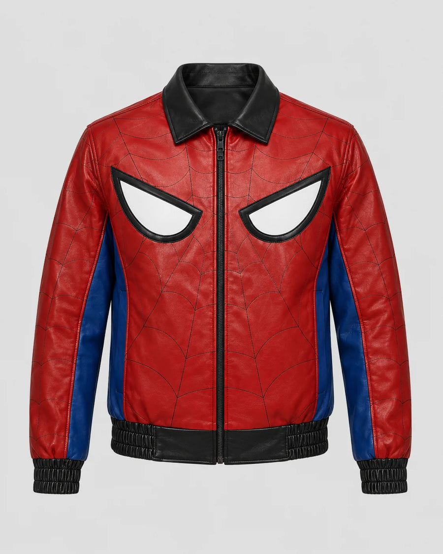 Printed Spider-Man Red & Blue Leather Jacket
