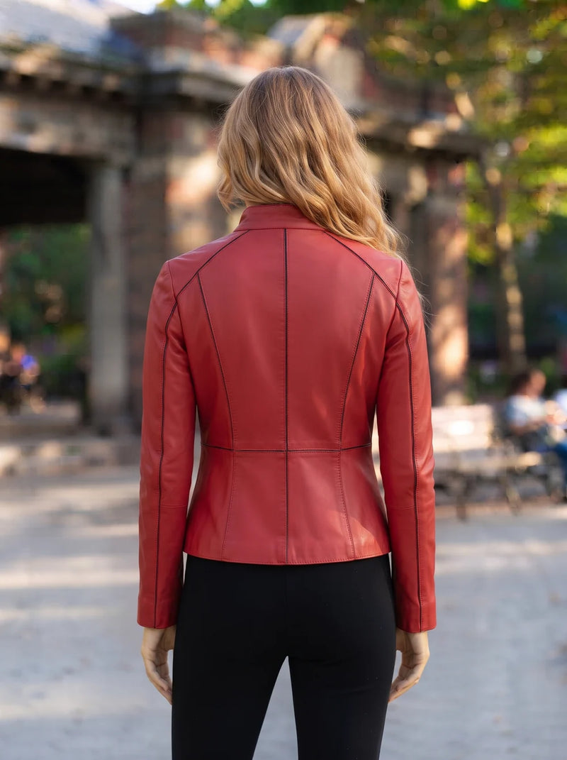 Cherry Red Leather Jacket For Women