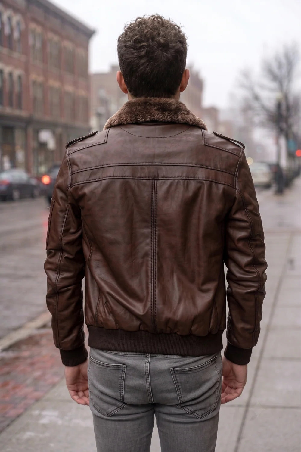 Christian Men Brown Fur Collar Leather Jacket