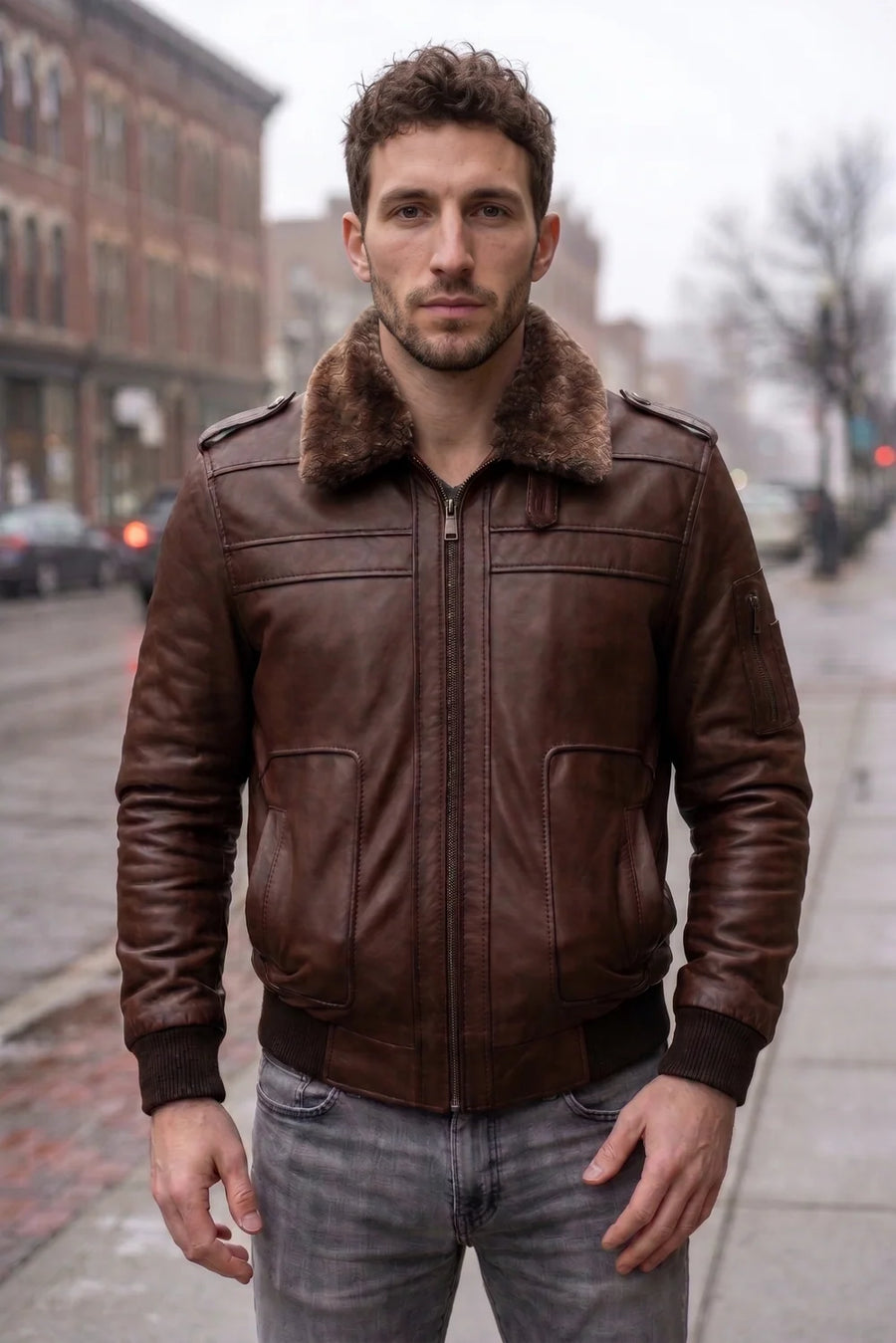 Christian Men Brown Fur Collar Leather Jacket
