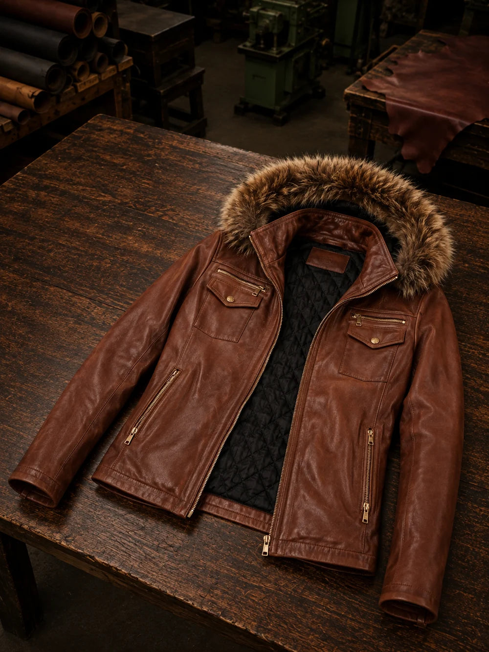 Deborah Brown Fur Hood Leather Jacket For Women