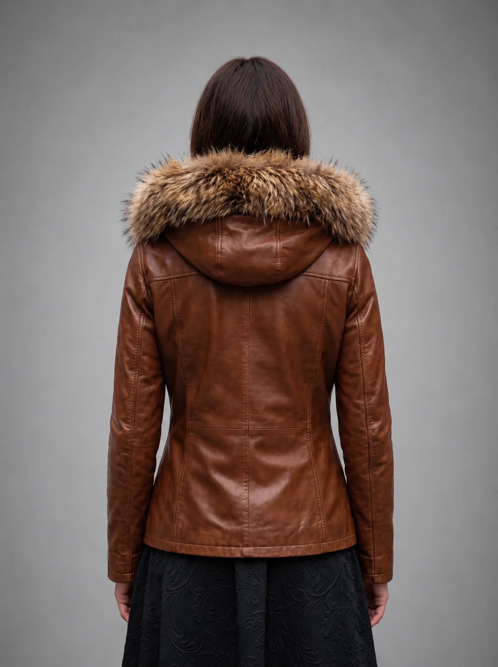 Deborah Brown Fur Hood Leather Jacket For Women