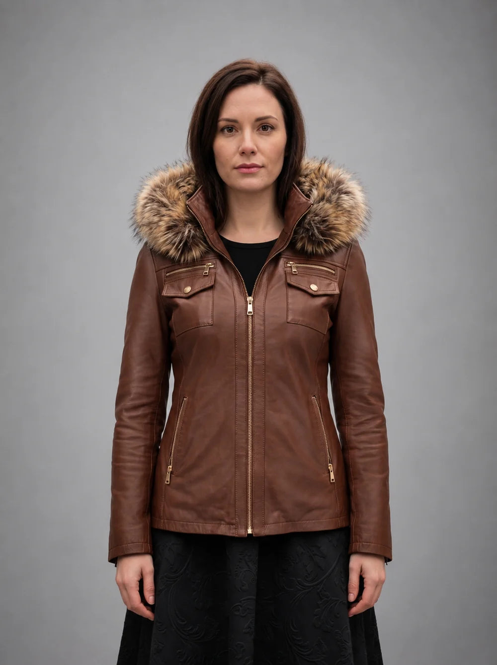 Deborah Brown Fur Hood Leather Jacket For Women