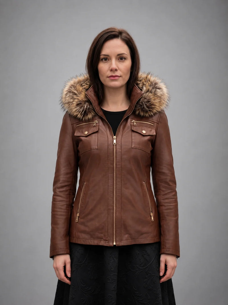 Deborah Brown Fur Hood Leather Jacket For Women