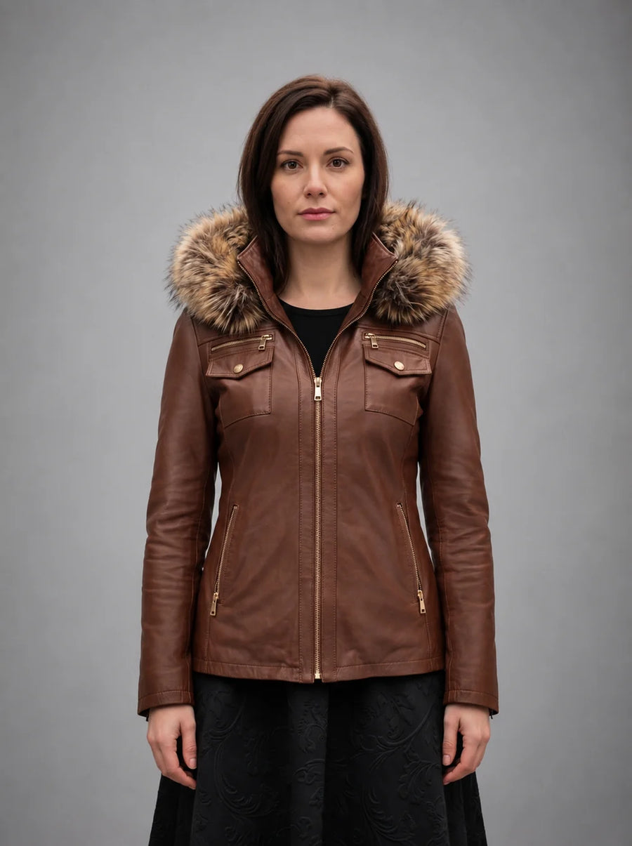 Deborah Brown Fur Hood Leather Jacket For Women