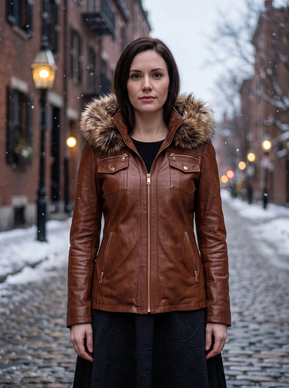 Deborah Brown Fur Hood Leather Jacket For Women