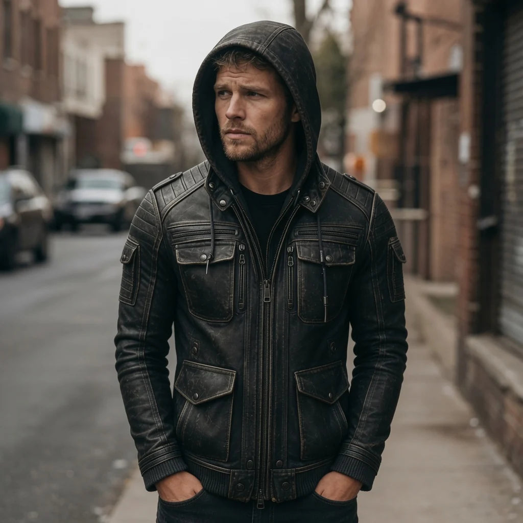 Men's Distressed Black Leather Hooded Bomber Jacket