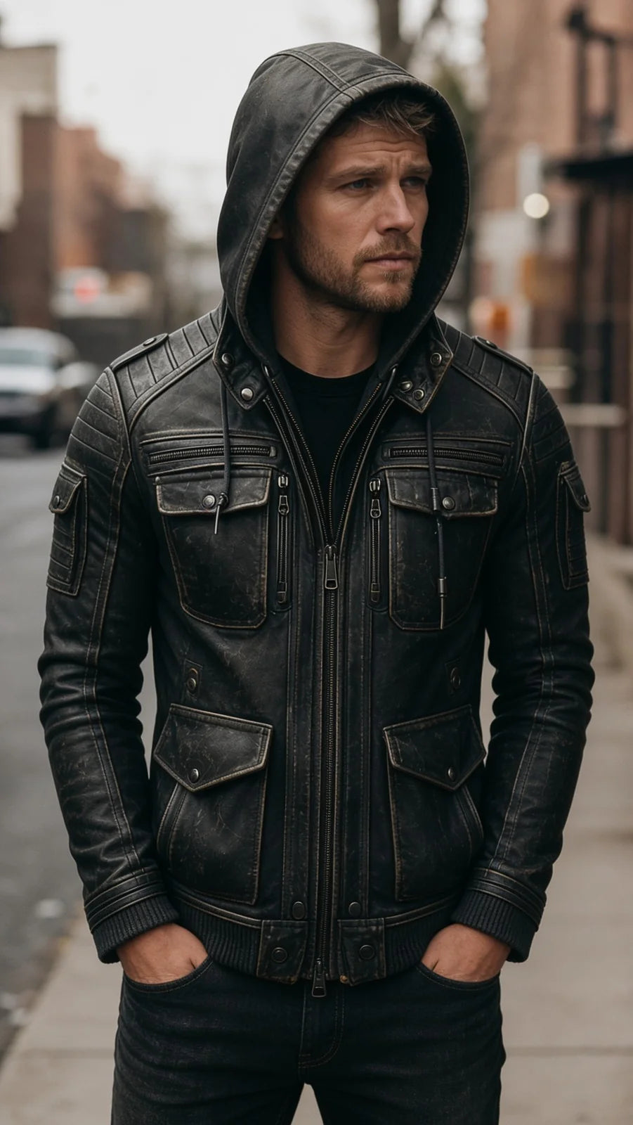 Men's Distressed Black Leather Hooded Bomber Jacket