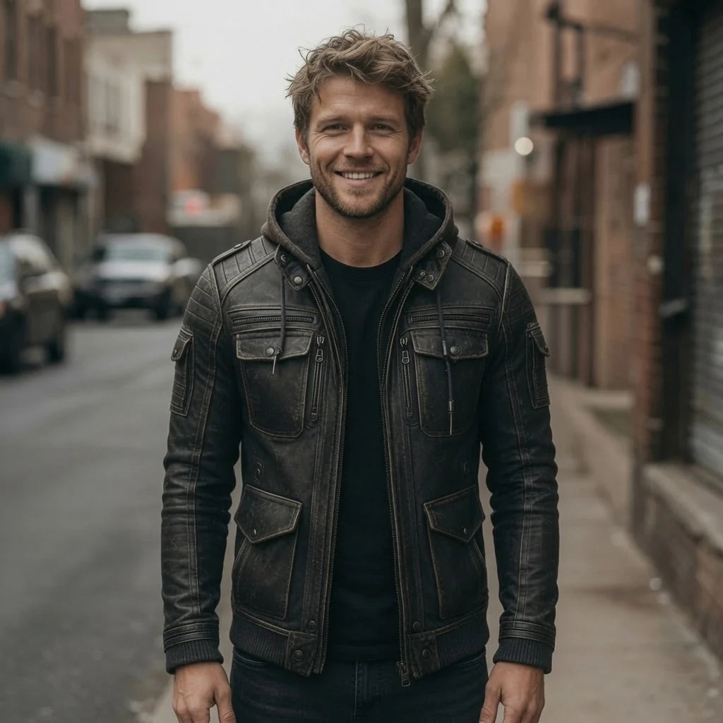 Men's Distressed Black Leather Hooded Bomber Jacket