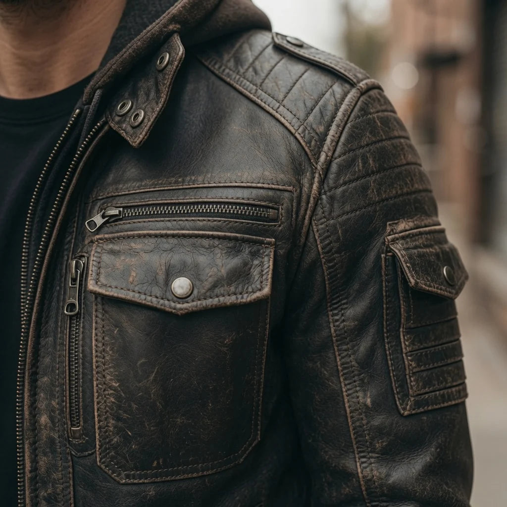 Men's Distressed Black Leather Hooded Bomber Jacket