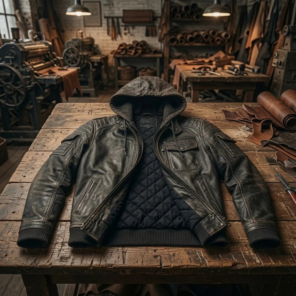 Men's Distressed Black Leather Hooded Bomber Jacket