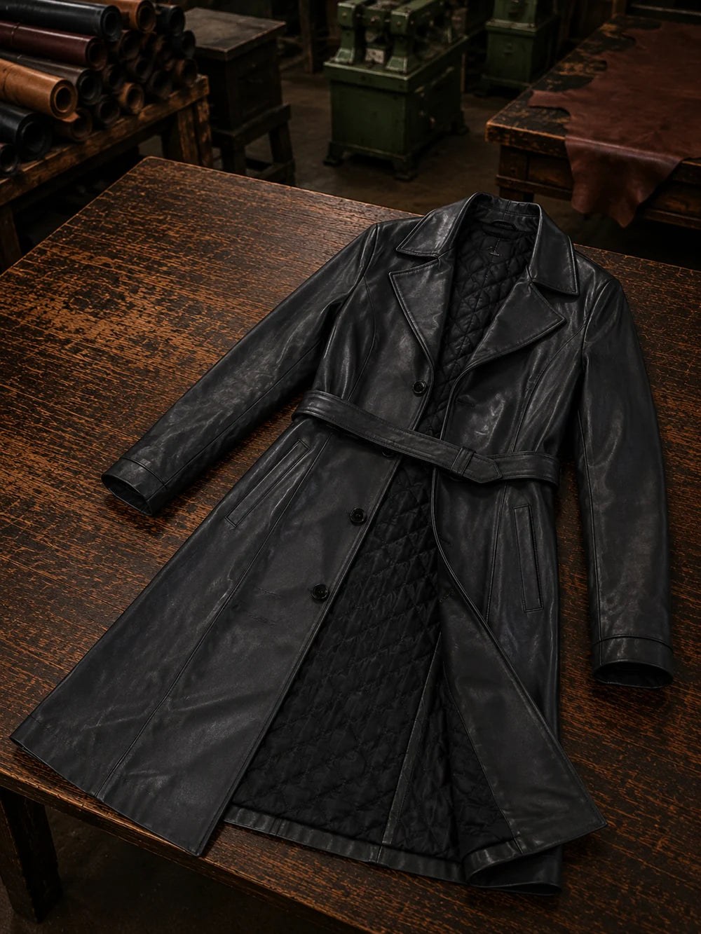 Elsei Black Long Leather Coat With Center Belt For Women