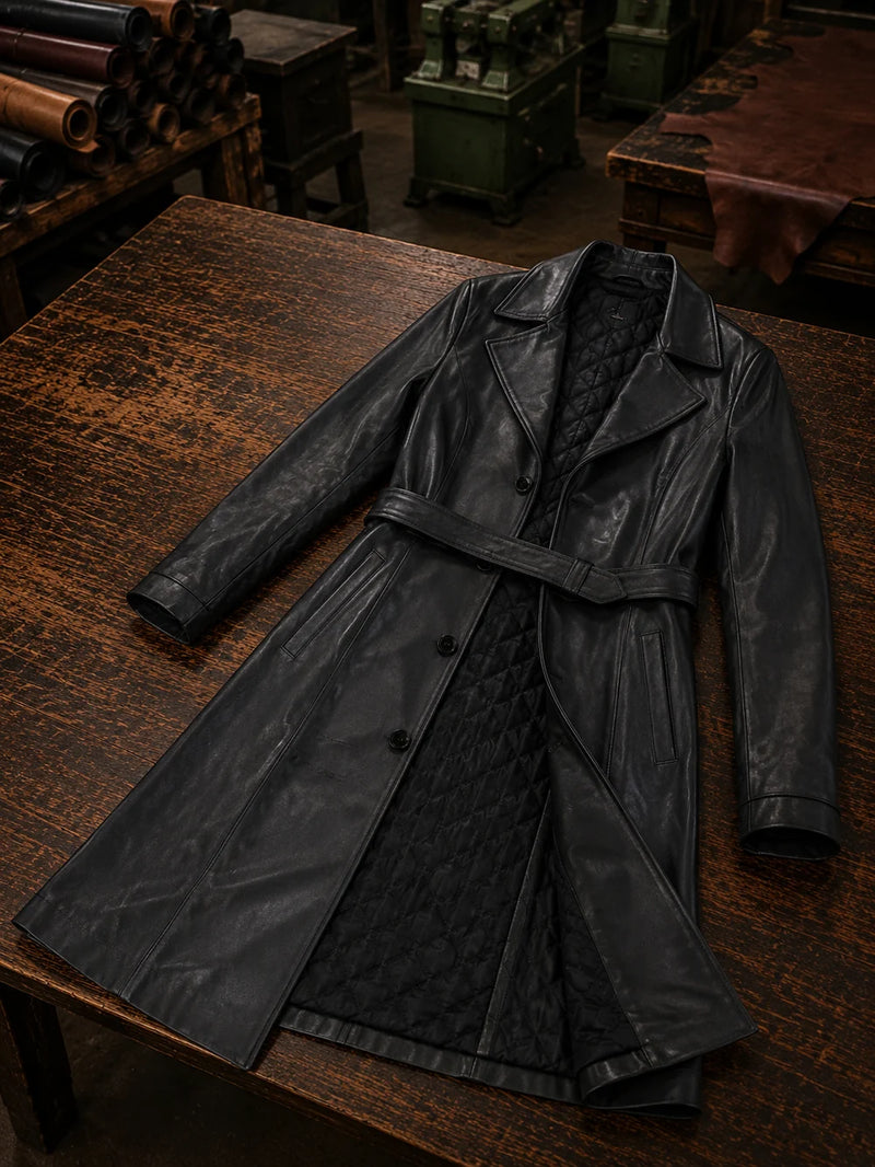 Elsei Black Long Leather Coat With Center Belt For Women