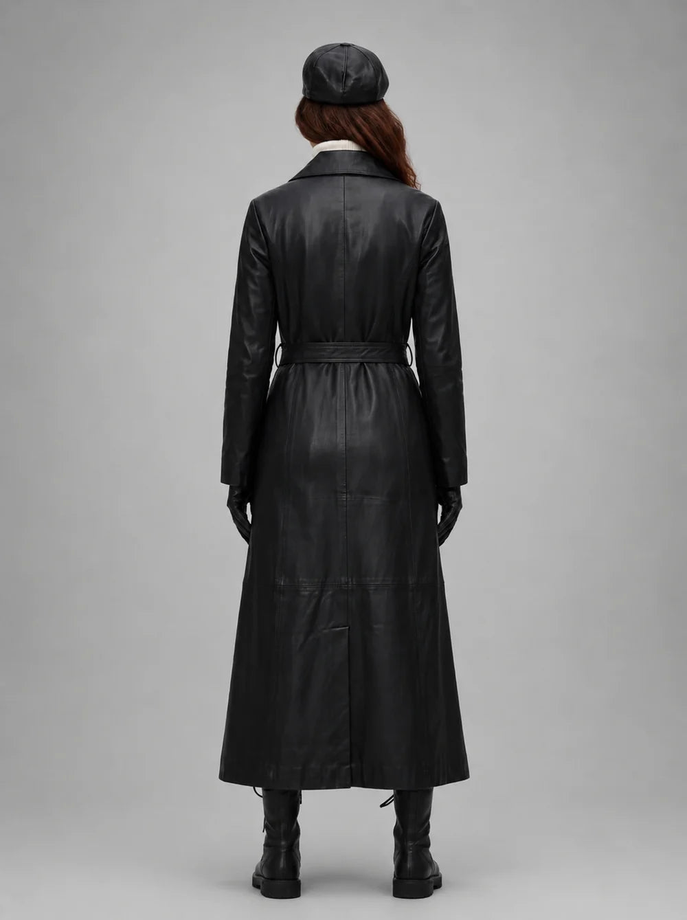 Elsei Black Long Leather Coat With Center Belt For Women