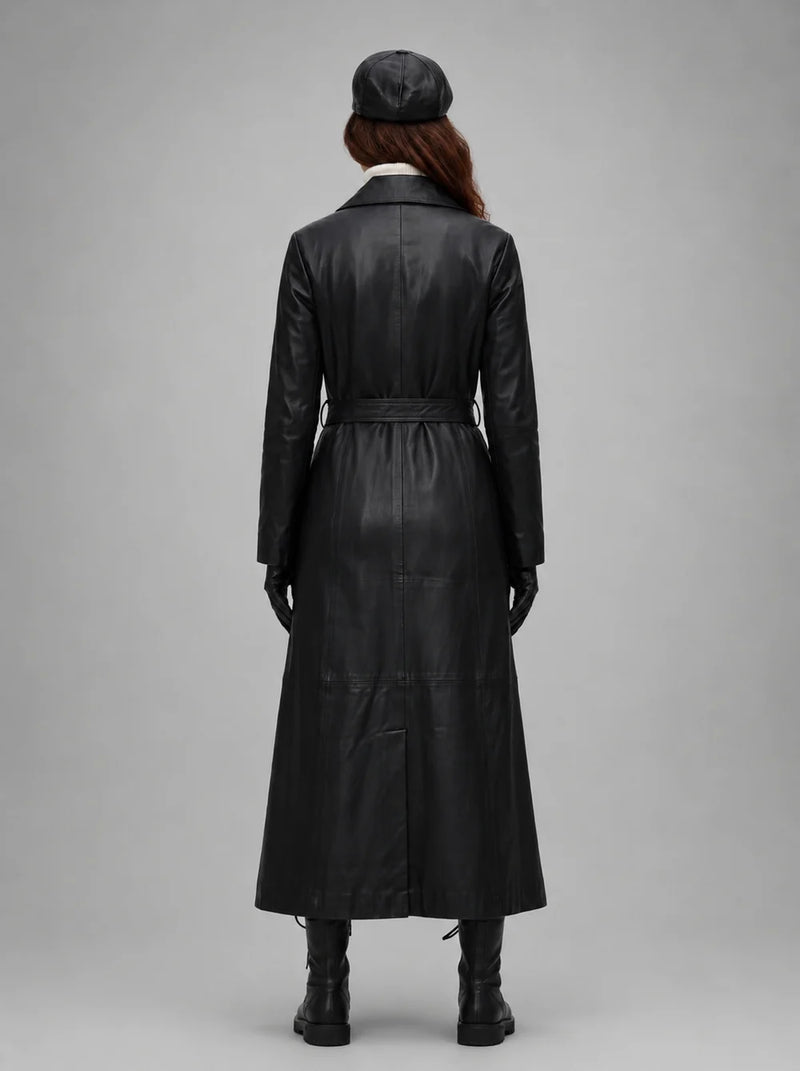 Elsei Black Long Leather Coat With Center Belt For Women
