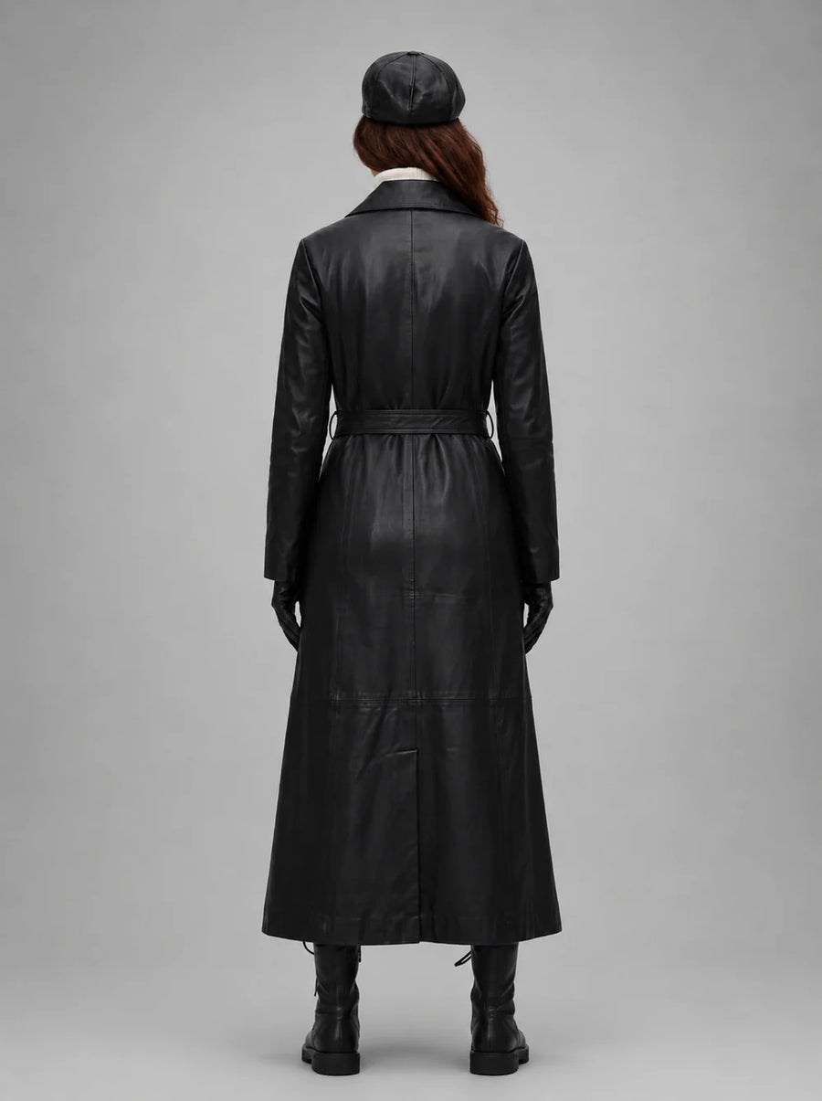 Elsei Black Long Leather Coat With Center Belt For Women
