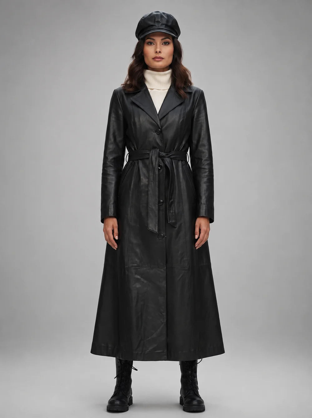 Elsei Black Long Leather Coat With Center Belt For Women