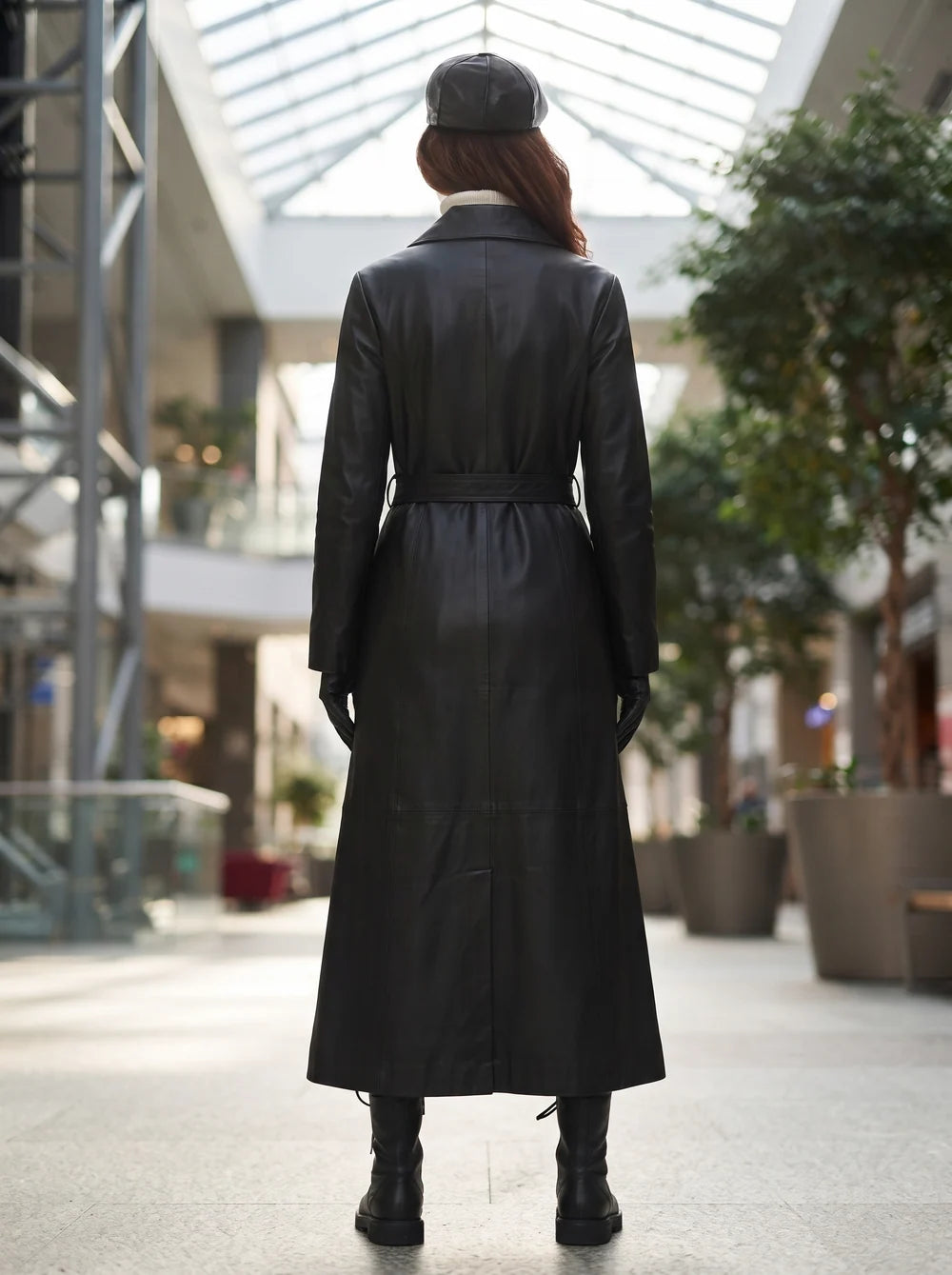Elsei Black Long Leather Coat With Center Belt For Women