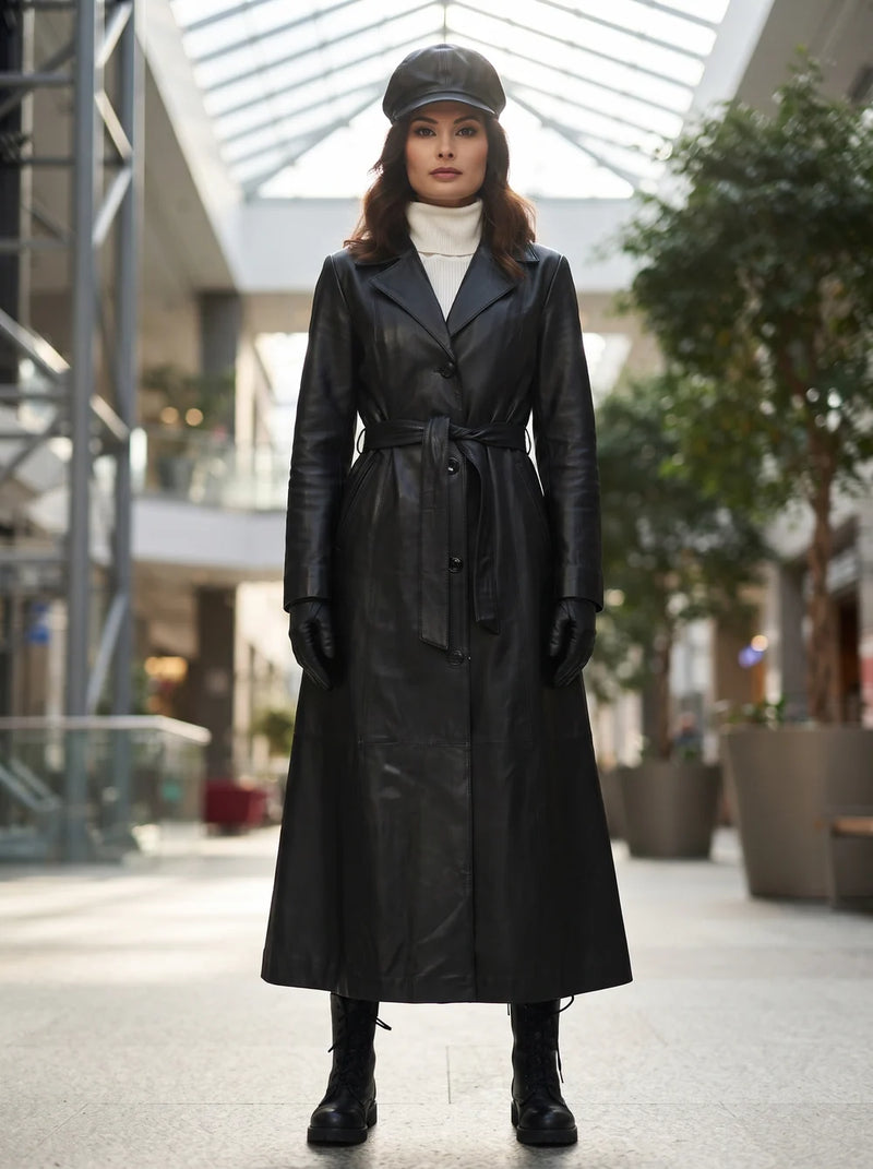 Elsei Black Long Leather Coat With Center Belt For Women