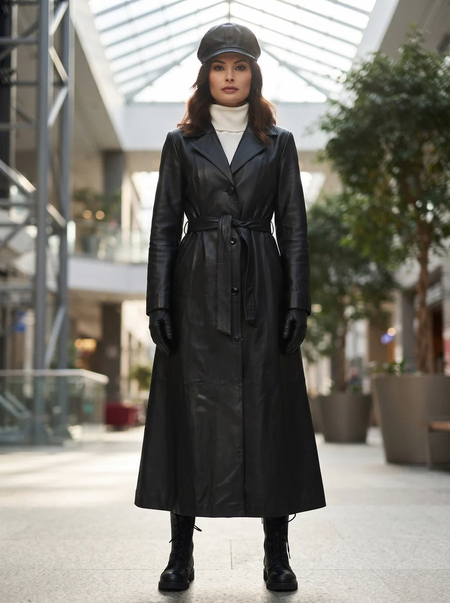 Elsei Black Long Leather Coat With Center Belt For Women