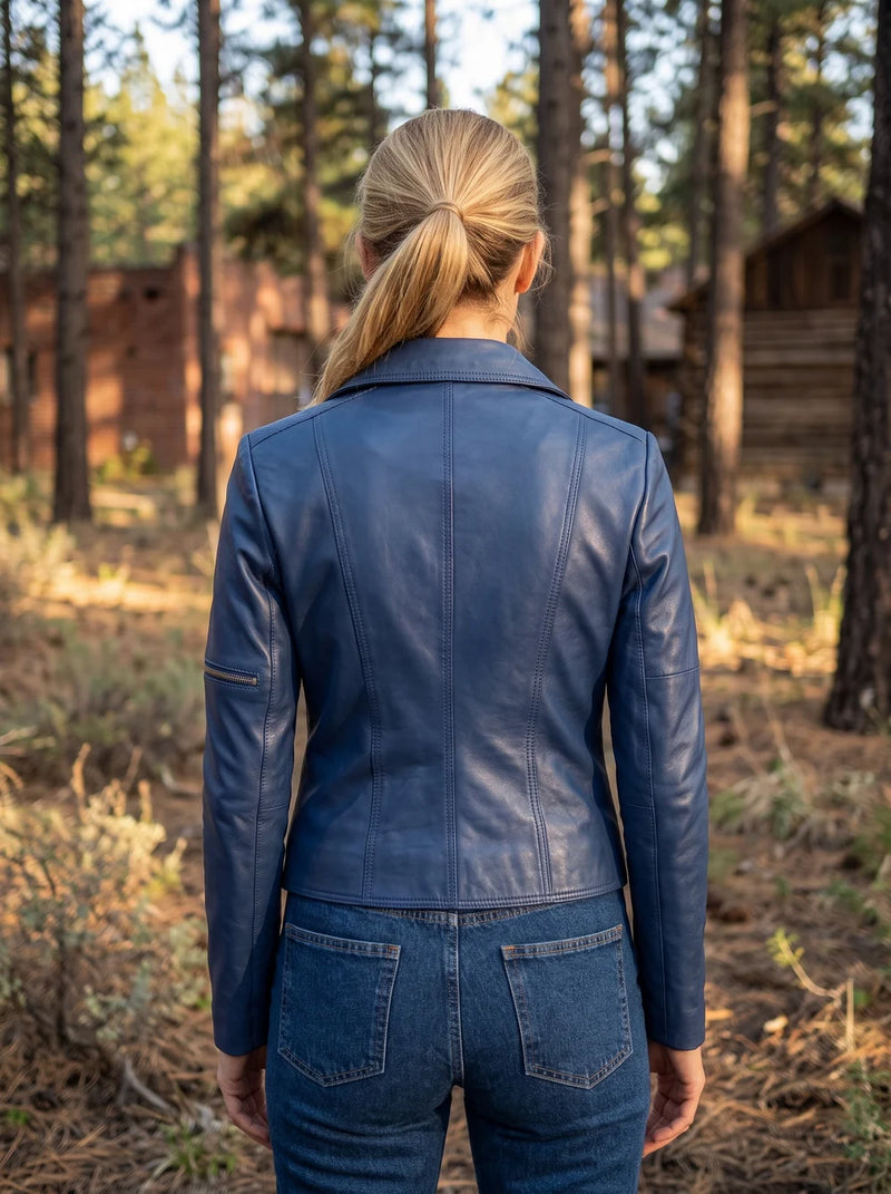 Evelyn Motor Bike Blue Leather Jacket For Women
