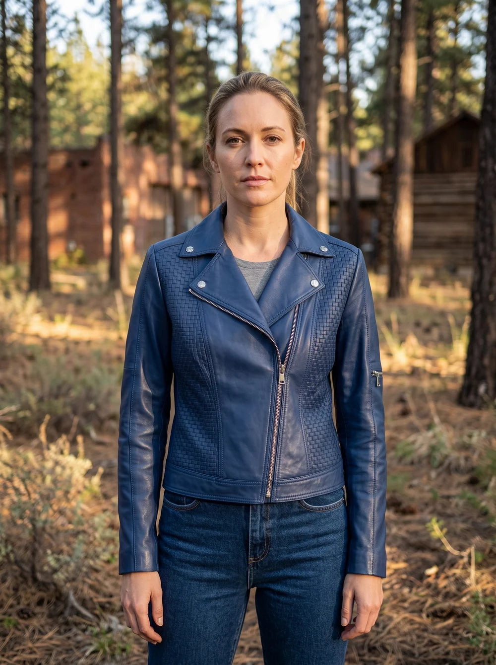 Evelyn Motor Bike Blue Leather Jacket For Women