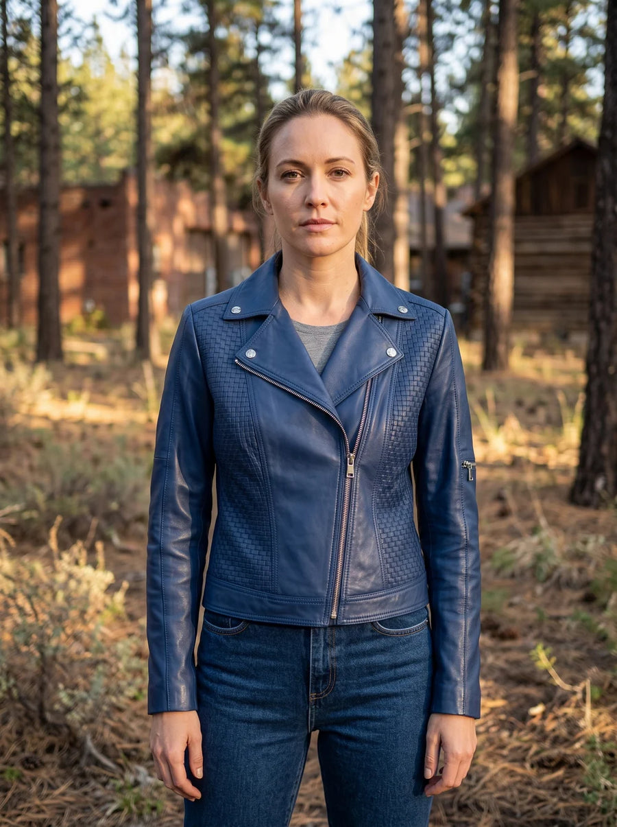Evelyn Motor Bike Blue Leather Jacket For Women