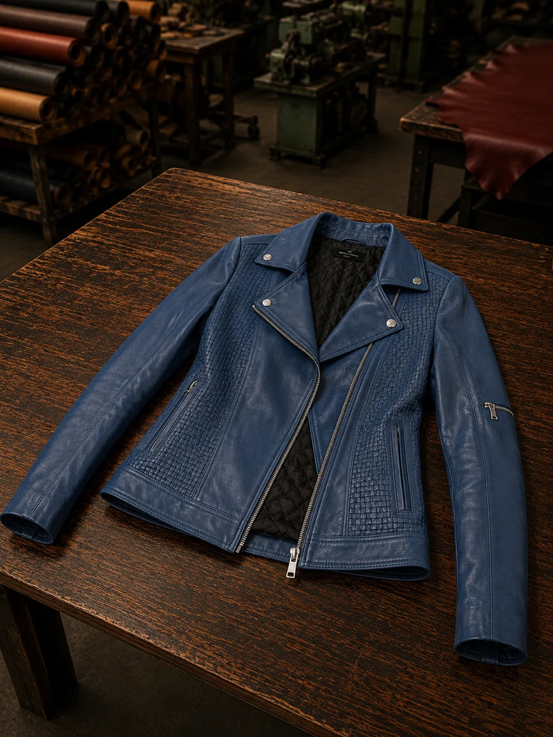 Evelyn Motor Bike Blue Leather Jacket For Women