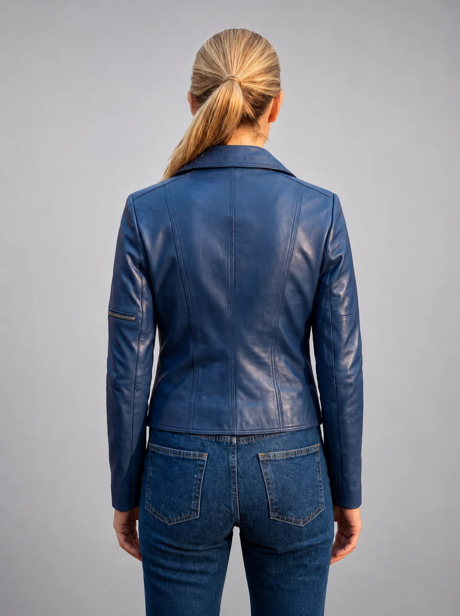Evelyn Motor Bike Blue Leather Jacket For Women
