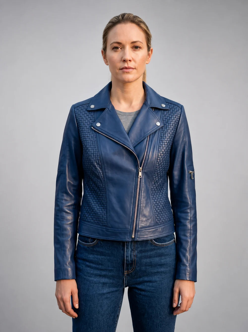 Evelyn Motor Bike Blue Leather Jacket For Women
