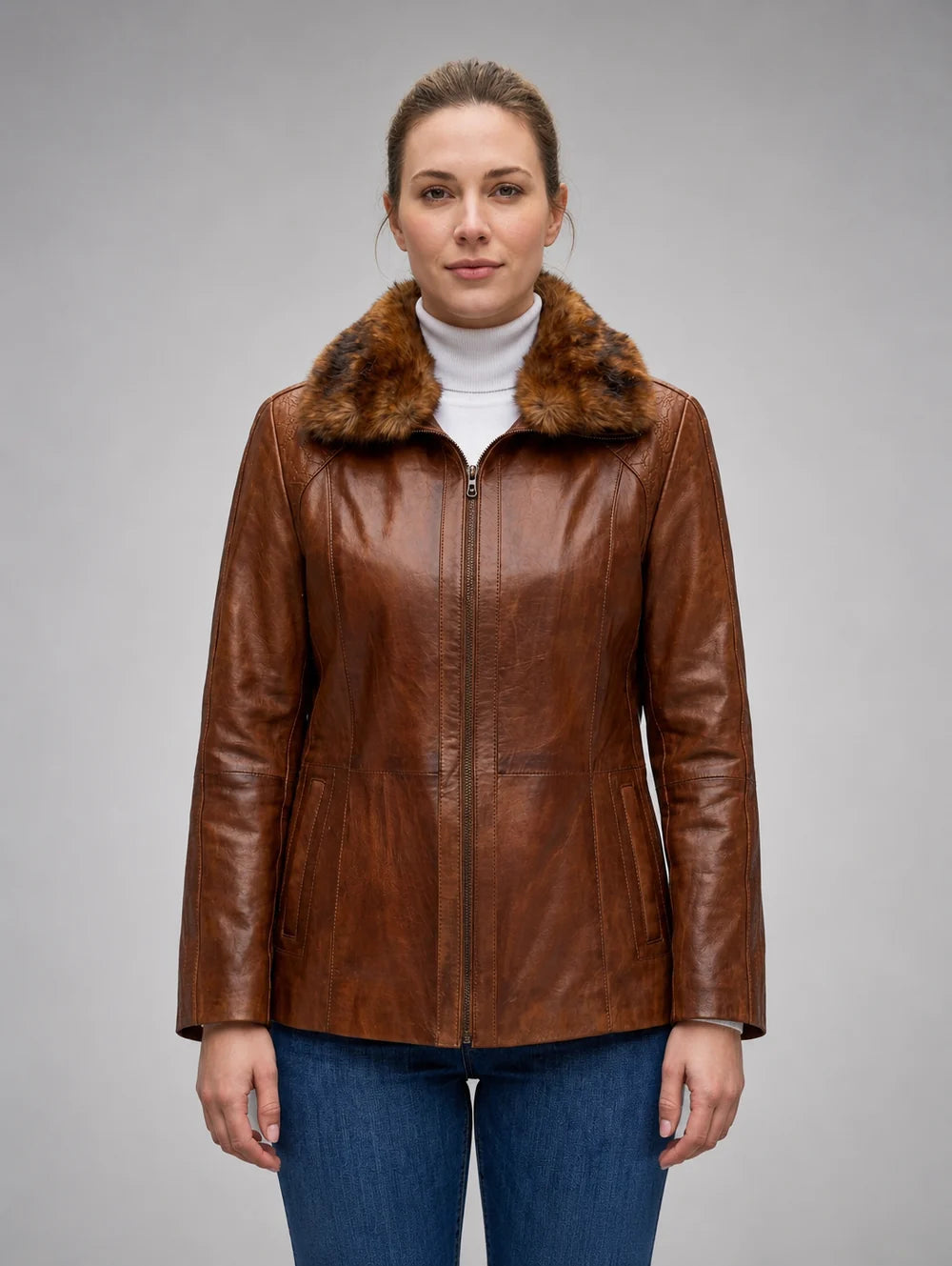 Gemma Original Fur Collar Brown Women Leather Jacket