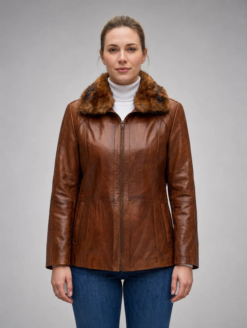 Gemma Original Fur Collar Brown Women Leather Jacket