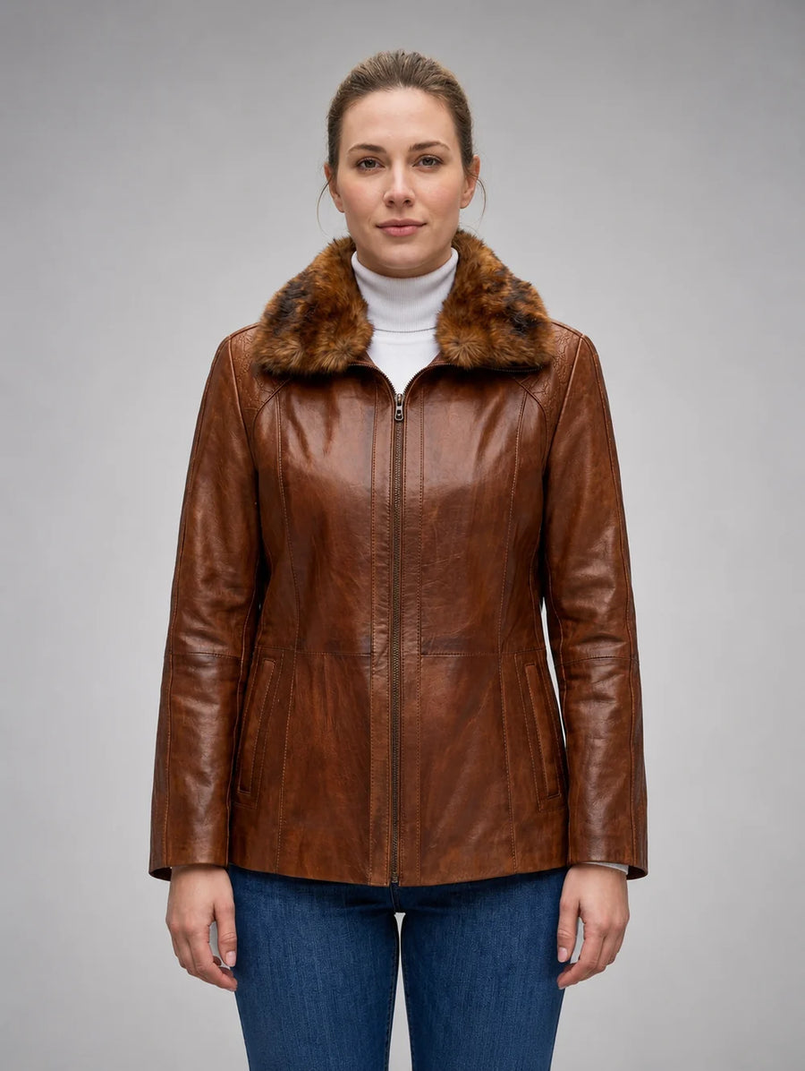 Gemma Original Fur Collar Brown Women Leather Jacket
