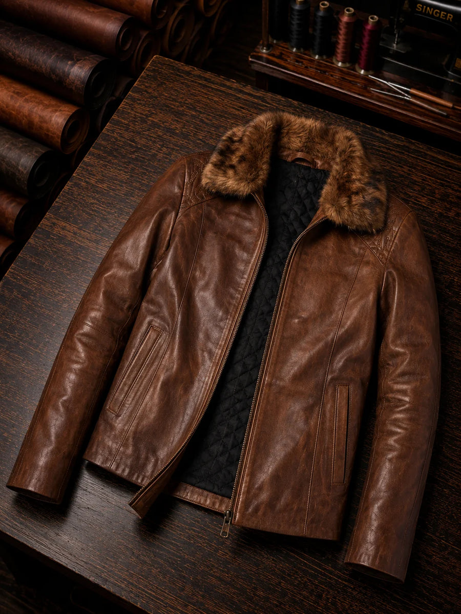 Gemma Original Fur Collar Brown Women Leather Jacket