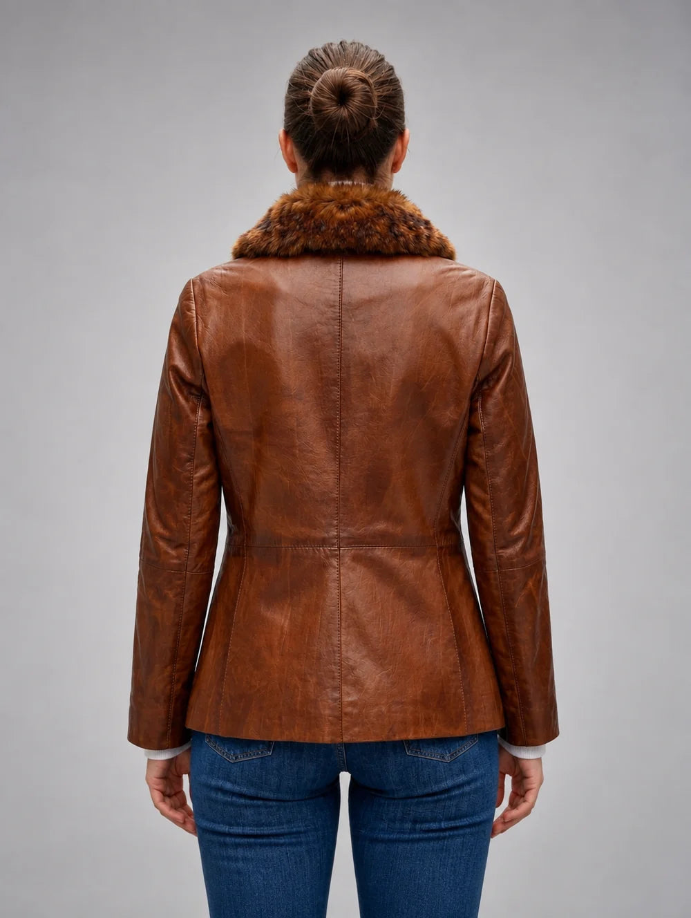 Gemma Original Fur Collar Brown Women Leather Jacket