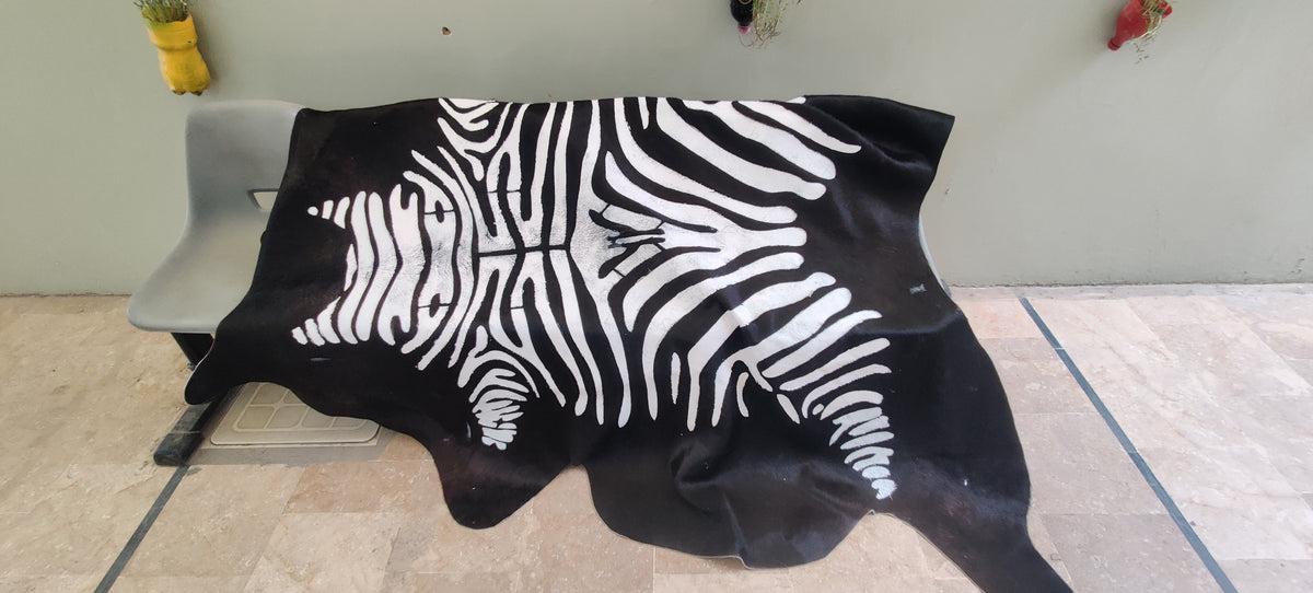 Natural Zebra Print Cowhide Rug, Stenciled Hair-on-Hide Area Rug