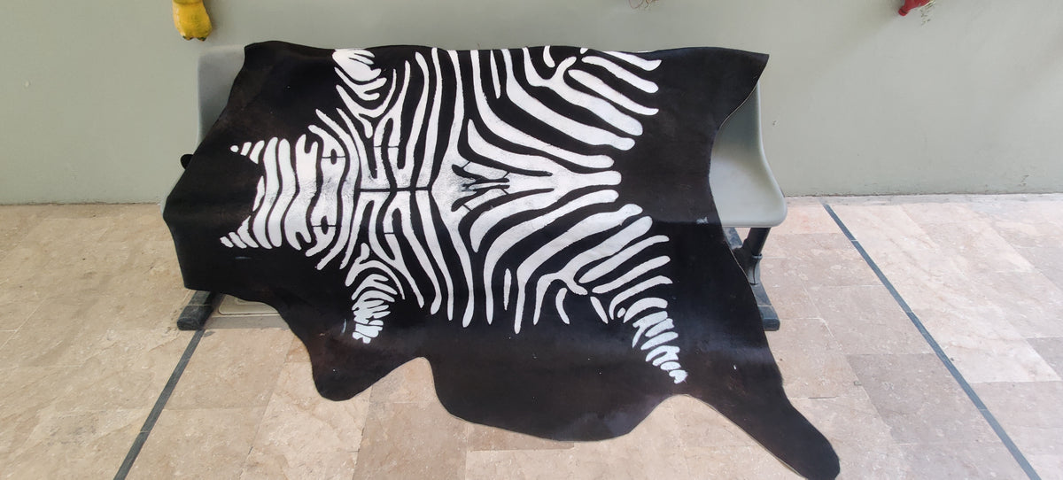 Natural Zebra Print Cowhide Rug, Stenciled Hair-on-Hide Area Rug