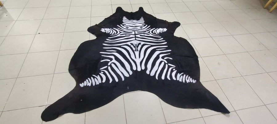 Natural Zebra Print Cowhide Rug, Stenciled Hair-on-Hide Area Rug