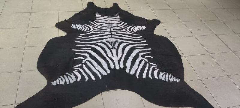 Natural Zebra Print Cowhide Rug, Stenciled Hair-on-Hide Area Rug
