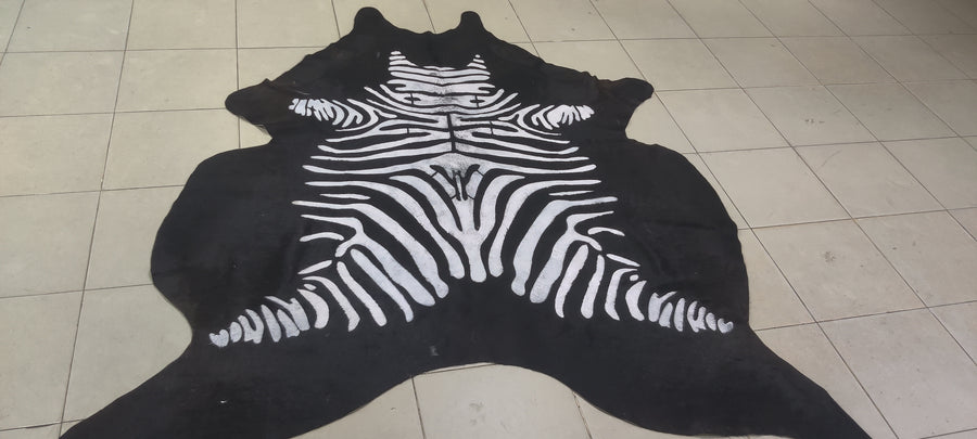Natural Zebra Print Cowhide Rug, Stenciled Hair-on-Hide Area Rug